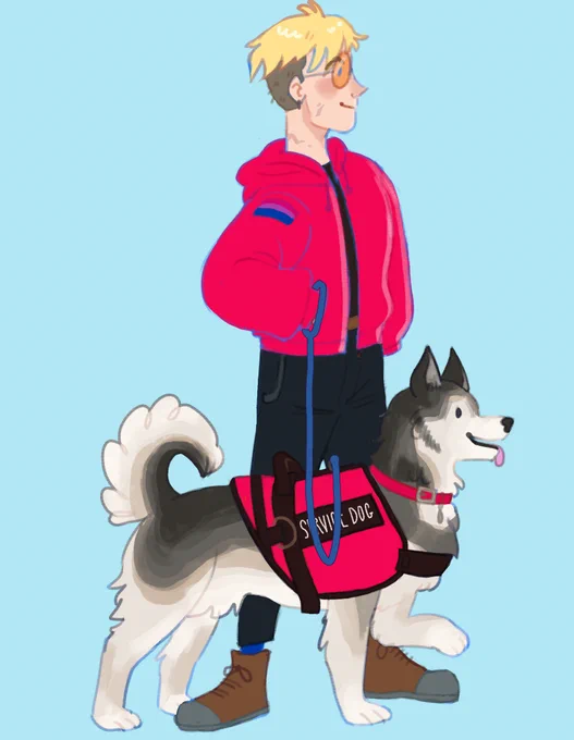 A digital drawing of a tall blonde man with an undercut. He wears a baggy red hoodie with the a bi flag on his arm, black skinny pants, and brown boots. A husky dog is at his side in a red service dog vest.