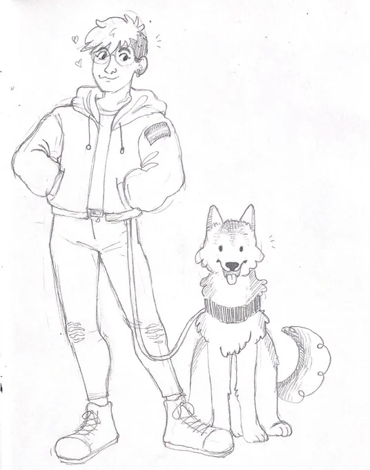 A pencil drawing of a man with an undercut in a hoodie and ripped jeans and boots. He has a trans flag on his left shoulder. A fluffy dog sits next to him on a leash.