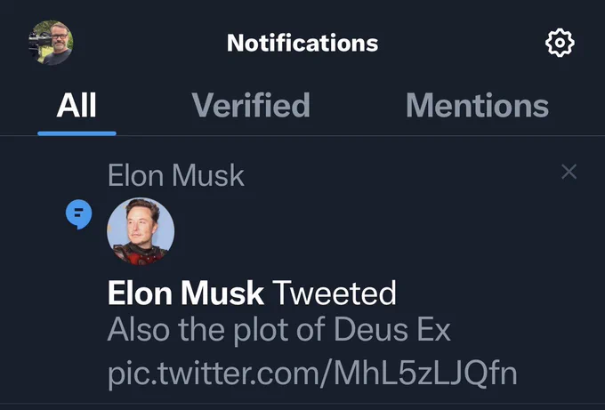 Spam notification from @elonmusk pushed to a Twitter account that doesn’t follow him and doesn’t give a flying fuck what he tweets about.