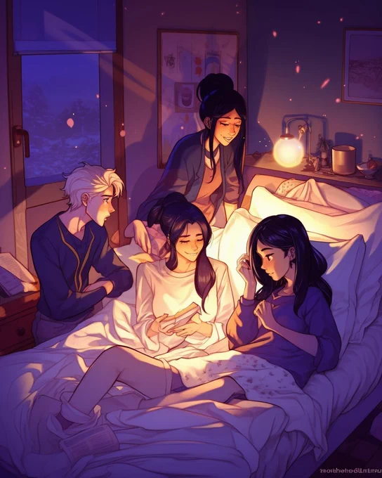 Prompt: Group of friends study together anime style