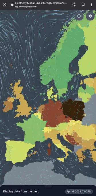 Snapshot of European electricity carbon intensity at 7pm Central USA / 2am CET.