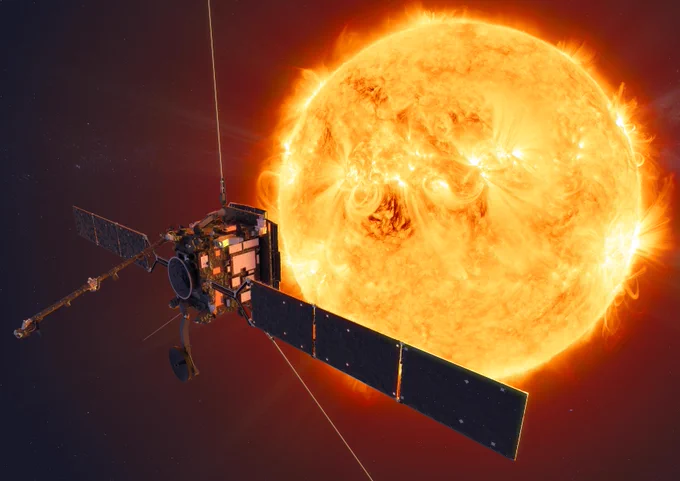 Illustration of Solar Orbiter against the Sun.