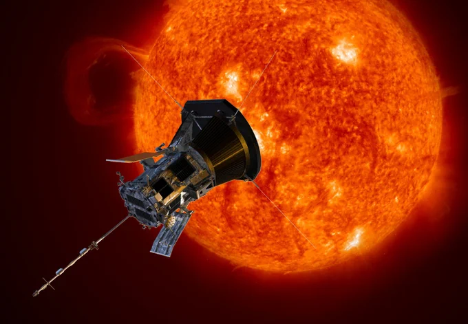 Illustration of Parker Solar Probeagainst the Sun.