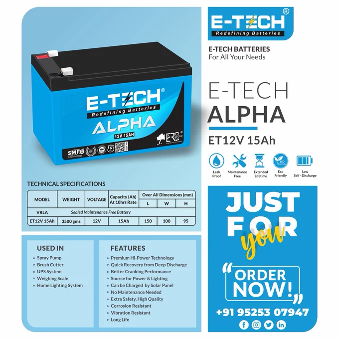 E-Tech Alpha 12V 15Ah - A Premium Battery Brand