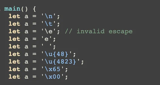 Screenshot showing highlighted char escapes
