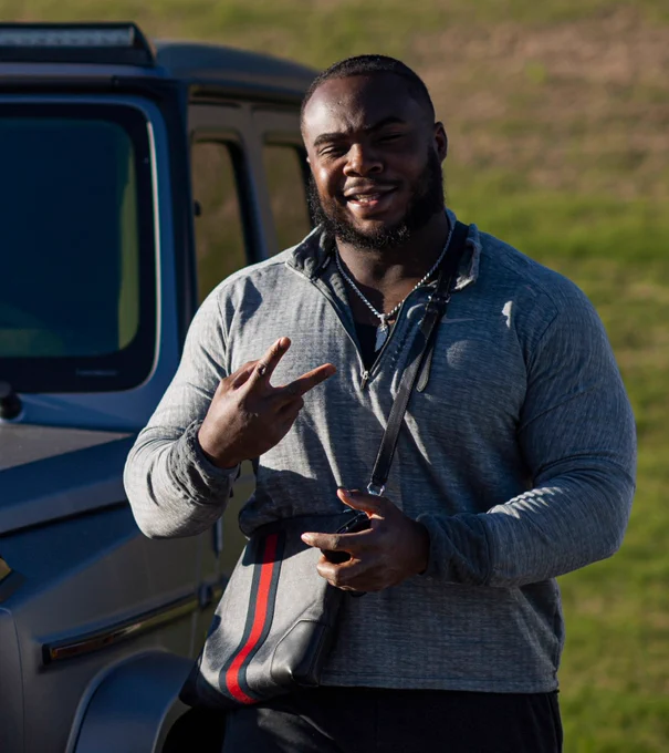 Atlanta Falcons defensive lineman Grady Jarrett #97 arrives at Atlanta Falcons Headquarters in Flowery Branch, Georgia, on Monday