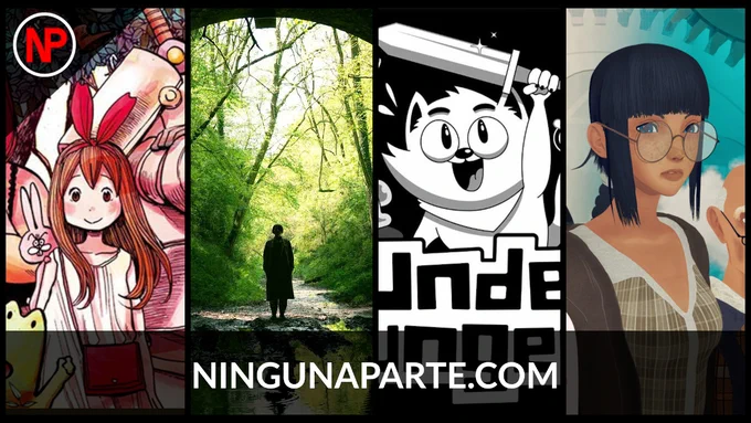 Imagen con fragmentos del manga Héroes, de Inio Asano, la película Men y los videojuegos españoles UnderDungeon y Aurora's Journey and the Pitiful Lackey
También aparece nuestro logo en la esquina superior izquierda y el nombre de nuestra página web ningunaparte.com en la parte inferior