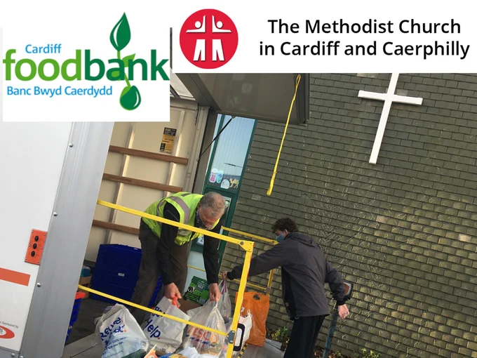 Food being loaded onto the lorry at Rady Methodist Church. Featuring Cardiff Foodbank and Cardiff Methodist Church logos.
