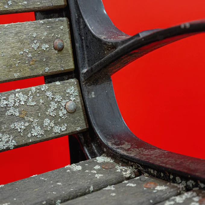A zoomed in picture of a small portion of a weathered park bench with a red wall behind it.