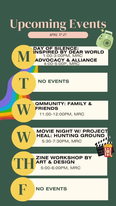 Monday: Day of Silence, Inspired by Dear World 1-3p in MRC. Advocacy & Alliance 4-5p in MRC. Tuesday no events. Wednesday Qmmunity: Family & Friends 11-12p in MRC. Movie Night w/ Project HEAL: The Hunting Ground 5:30-7:30p in MRC. Thursday Zine Workshop by Art & Design 5-6p in MRC. Friday no events.