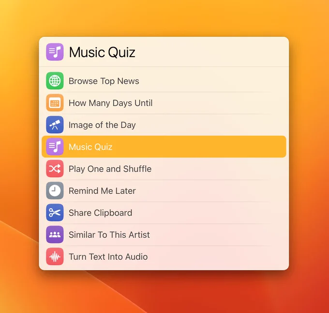 Screenshot of LaunchBar with a list of macOS shortcuts