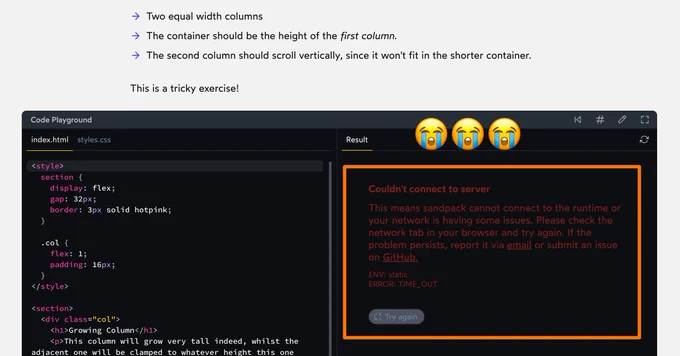 screenshot showing a snippet of course material from Josh Comeau's CSS for JS devs course. sandpack (via code sandbox) can't connect to the server