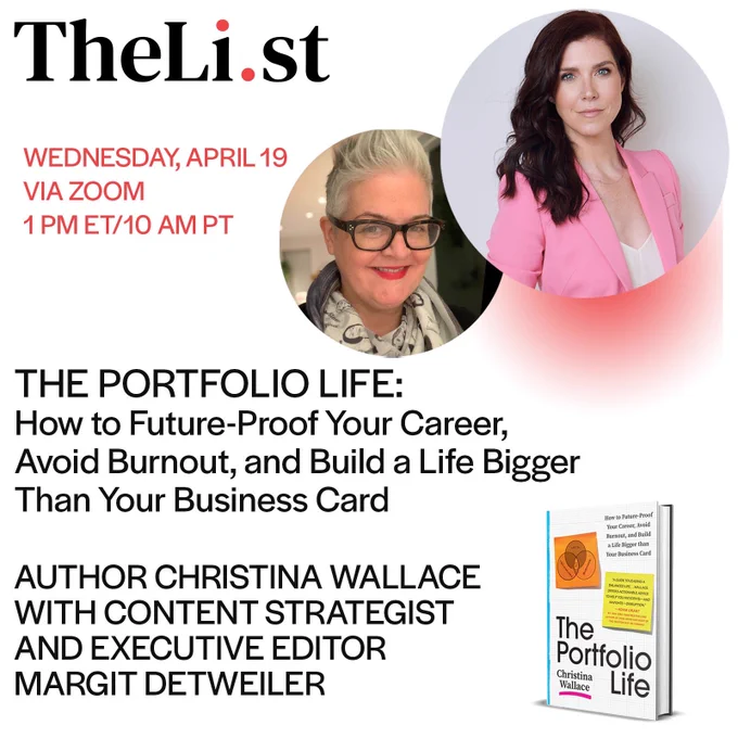 Flyer for Launch with TheLi.st event featuring photos of Margit Detweiler, Christina Wallace and Christina's new book, "The Portfolio Life."