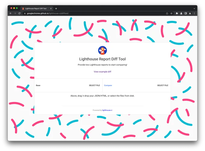 Landing of the Lighthouse Report Diff Tool. The UI has options drag-n-drop or select-from-disk two JSON or HTML reports. Or view an example.
