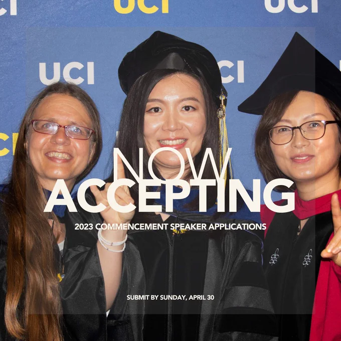 Commencement speaker graphic. Application deadline: Sunday, April 30, 2023.