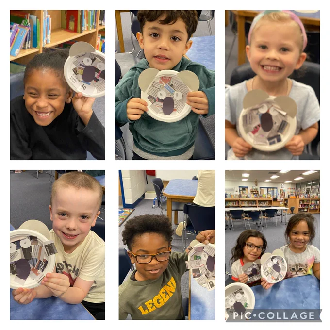 Kindergarten students holding koala bear craft made from recycled newspaper.