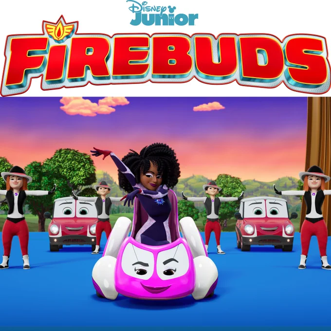 Red Firebuds logo above picture of animated characters Jazzy & Piper