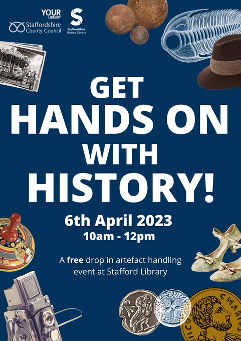 A poster with a blue background, white text, and various archives advertising an event at Stafford library.
