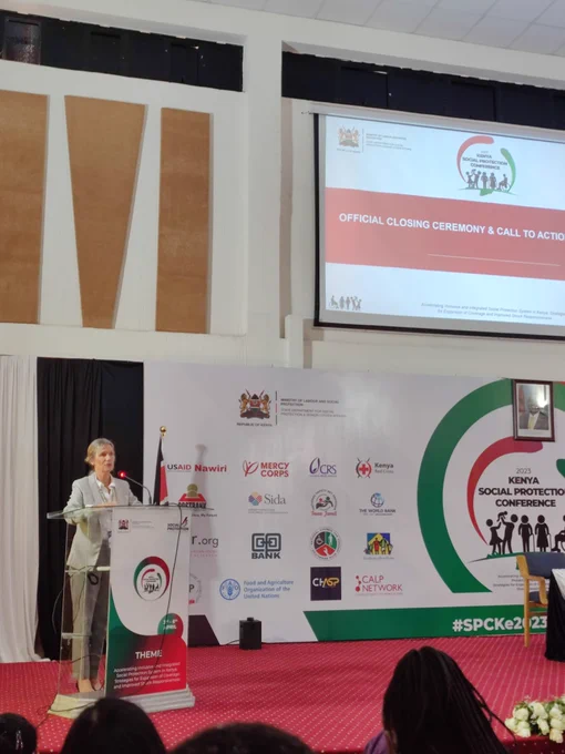 Sweden head of development cooperation at lectern gives speech at closing of 2023 social protection conference in Kenya