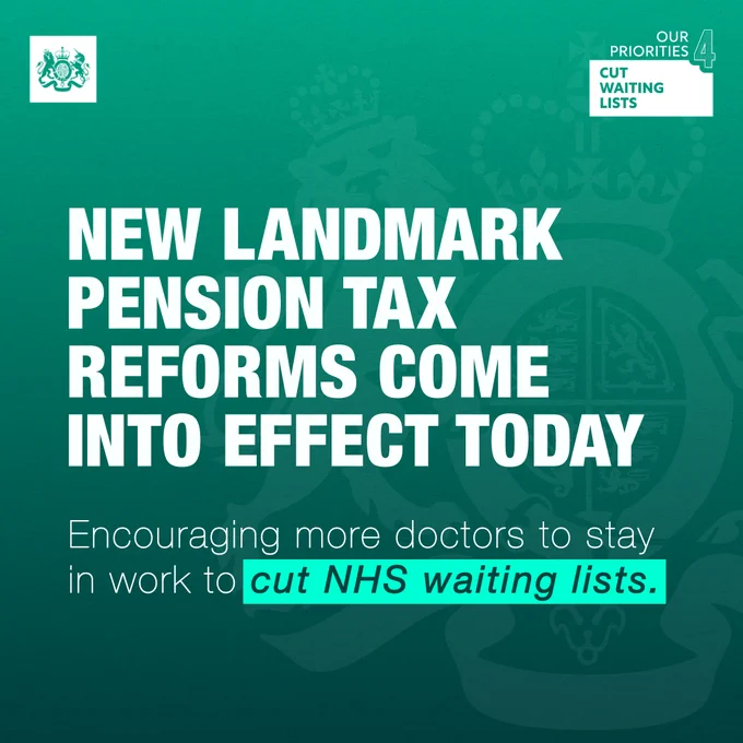 New landmark pension tax reforms come into effect today encouraging more doctors to stay in work to cut NHS waiting lists.