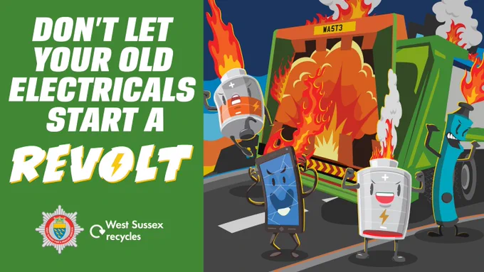 green back ground with the wording 'dont let your electricals start a revolt' next to the wording an animated image of a dust cart on fire with a phone, battery and vape next to it
