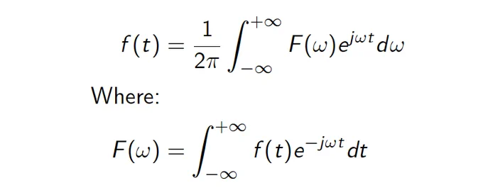 Two mathematical equations describing the Fourier Transform of a continuous function of time, and it's pair.