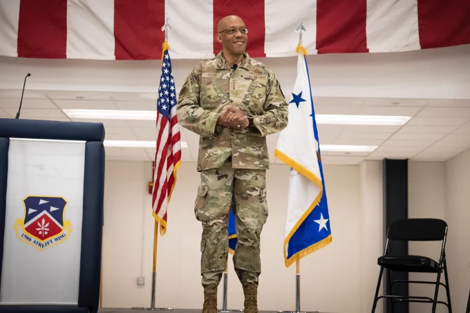 U.S. Air Force Chief of Staff Gen. CQ Brown, Jr., holds an all call with Airmen during a visit to the 179th Airlift Wing at Mansfield Lahm Air National Guard Base, OH, Apr. 2, 2023.  The visit to Mansfield was an opportunity for senior leadership to visit with Airmen and learn about the historic mission conversion of the unit into the Air National Guard's first-ever cyberspace wing. (U.S. Air Force photo by Staff Sgt. Alexis Wade)   