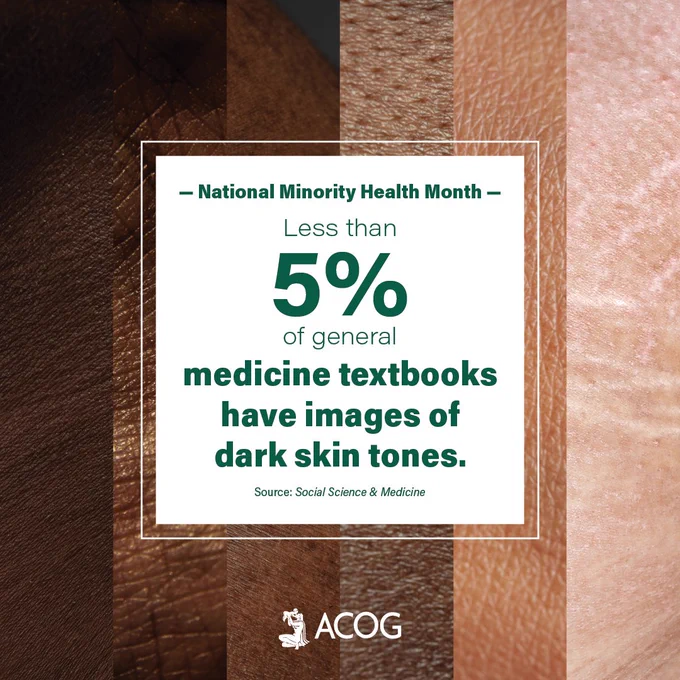 National Minority Health Month

Less than 5% of general medicine textbooks have images of dark skin tones.

Source: Social Science & Medicine
