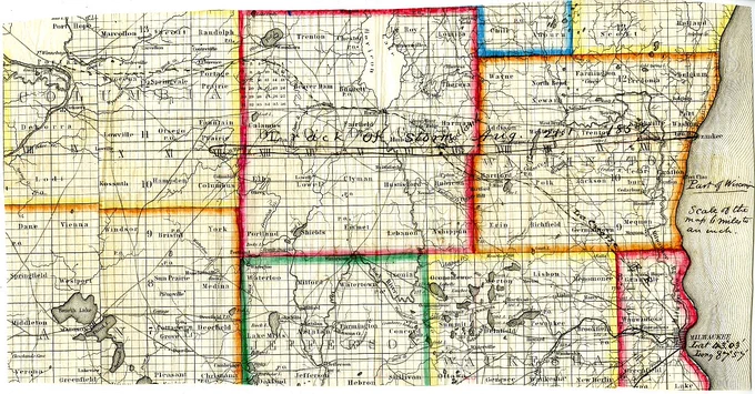 Map of a tornado's path across counties in Wisconsin, which are outlined in red, yellow, and green. Counties of Columbia, Dodge and Washington are shown.