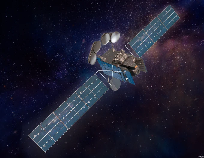 Rendering of satellite with two rectangular wings and circular elements. Behind it purple glow of stars.
