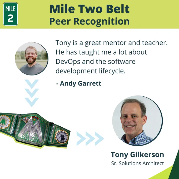 Mile two peer recognition with a quote why Andy selected Tony