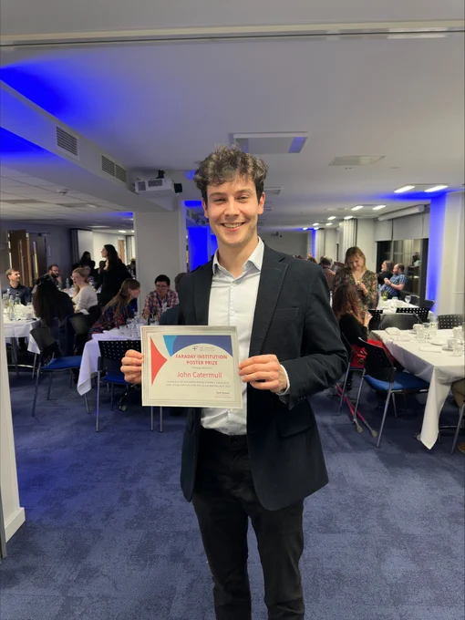 John Cattermull with his Faraday Institution Poster Prize Certificate at the British Crystallographic Association Spring Meeting.