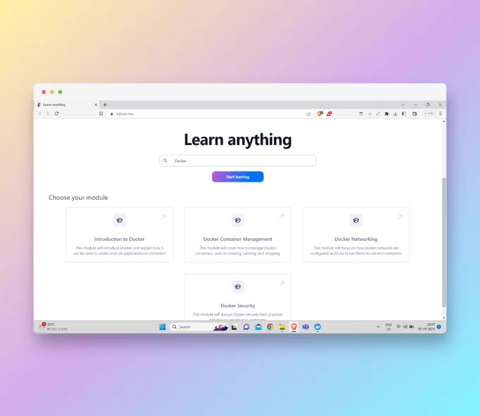 Pic showing the modules tutorai.me created for learning docker