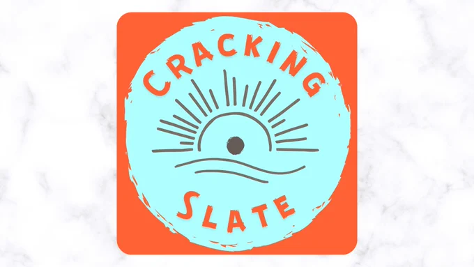 Cracking Slate logo- an orange background with a light blue circle in the middle of it. In the centre of the circle there is a rising sun that looks a  like an eye opening, with orange text reading Cracking Slate around it