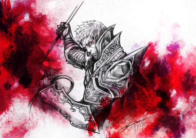 Tetsuya Nomura has drawn an incredible illustration of Jack Garland, resplendent in his armour, holding weapons in each of his hands.