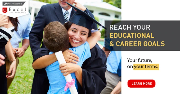 A person in cap and gown, holding a diploma and hugging a young child.