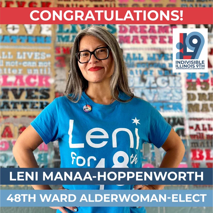 picture of Leni and the words Congratulations! Leni's name, and 48th ward alderwoman elect.