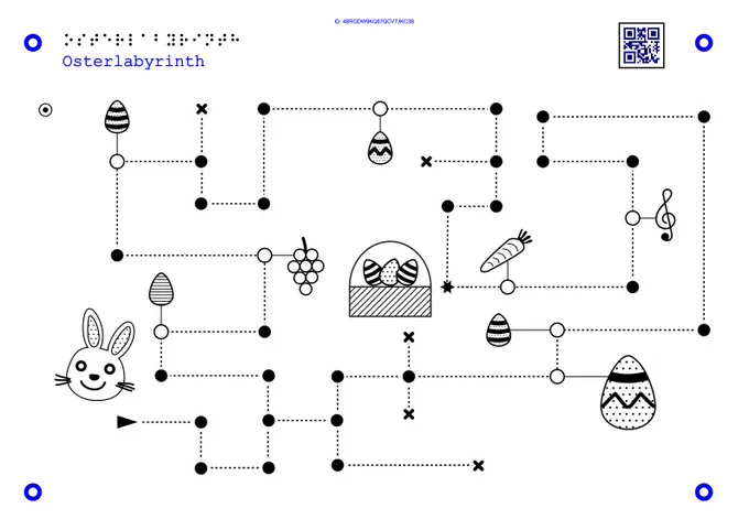 In the tactile Easter labyrinth there is a dashed path on which you can feel different symbols. They give clues by sound where you are in the labyrinth and how to find the eggs. 
Im taktilen Oster-Labyrinth gibt es einen gestrichelten Pfad auf dem man unterschiedliche Symbole fühlen kann. Sie geben per Sound Hinweise, wo man sich im Labyrinth befindet und wo es Eier gibt.