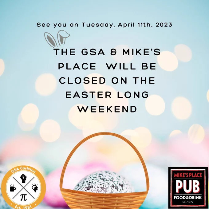 mage Description: A blue background with yellow, pink and multicoloured Easter eggs. A basket has a large egg inside. The GSA Logo is in the left-hand bottom corner and the Mike’s Place Logo is on the bottom right-hand corner.