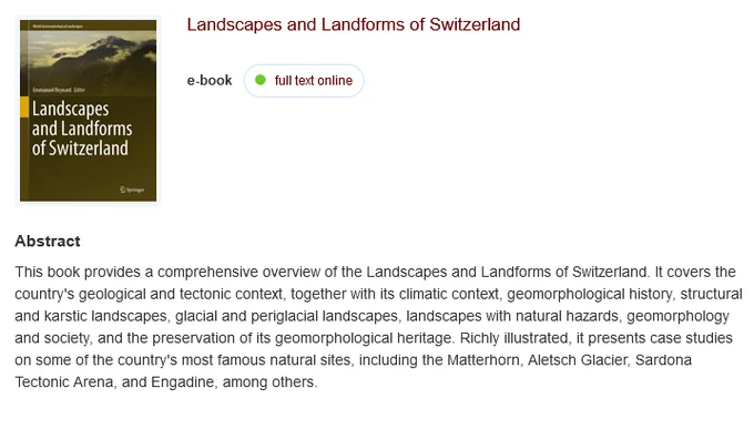 A screenshot of e-book Landscapes and Landforms of Switzerland, edited by Emmanuel Reynard