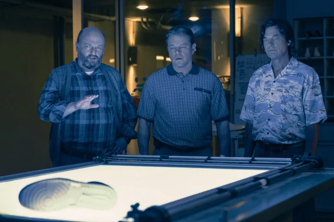 Matthew Maher as Peter Moore, Matt Damon as Sonny Vaccaro and Jason Bateman as Rob Strasser in AIR