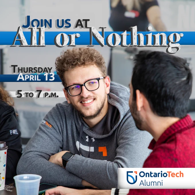 Promotional graphic: Join the Alumni Association Council for a casual meet-and-greet social at All or Nothing Brewhouse - founded, owned, and operated by alum Jeff Dornan and his brother Eric! Mix and mingle with your fellow alumni while enjoying some snacks and drinks. Join us on Thursday April 13 from 5-7 p.m. Registration is required. Bring a friend! The event is open to Ontario Tech alumni and guests.
Photo of man sitting and smiling on a table looking at a man who is turned away.