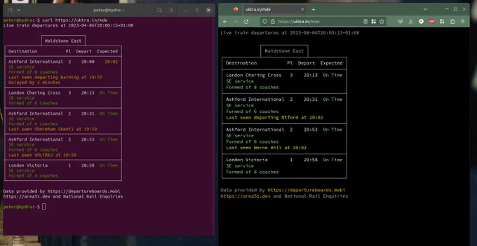 Example of both Linux console and FireFox showing the departure boards for Maidstone East