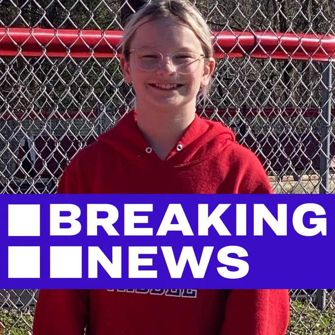 Image of 12-year-old Becky Pepper-Jackson smiling wearing clear glasses and a red hoodie with text “Breaking News” in big bold letters over the image. 