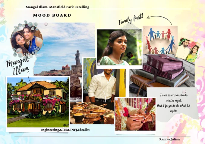 A collage of pictures - thiruvalluvar statue in kanyakumari, India; An Indian woman looking into the distance; pictures of a grand Indian wedding; A man leaning on a doorframe; a traditional Indian house