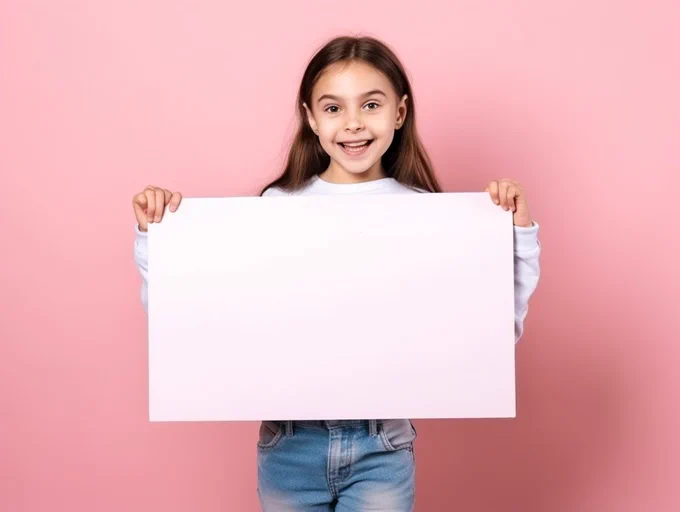 A 10 - years - old girl holding up a blank whiteboard on isolated pink color background, vibrant, eye - catching, playfulness and fun