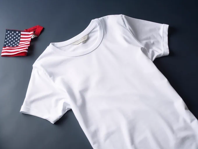 Blank white t - shirt, flat lay, Fourth of July theme, no design, high quality, patriotic props, red and blue accents, celebration atmosphere, ultra - realistic
