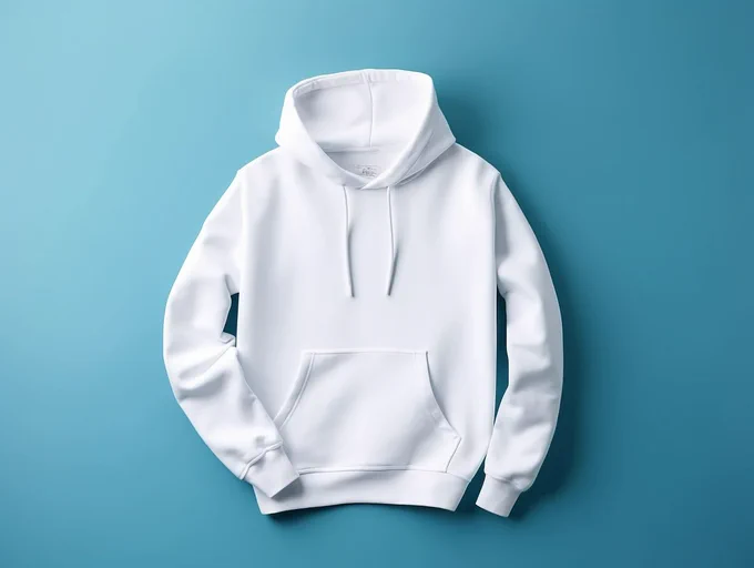 Blank white hoodie mockup, flat lay, blue background, ultra - realistic, high quality, clean and minimal design, vibrant color, product photography