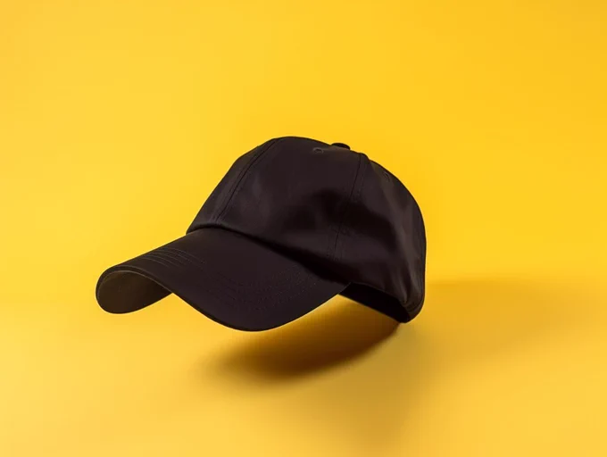 Blank Black dad hat, floating in the air, yellow background, cinematic, ultra - realistic, high quality, clean and minimal design, vibrant color, product photography