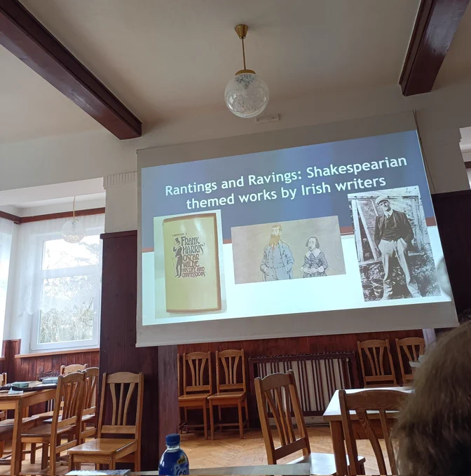 PowerPoint slide entitled Rantings and Ravings: Shakespearian themed works by Irish writers, showing Frank Harris' Oscar Wilde - His Life and Confessions, a caricature of G.B. Shaw towering over Shakespeare, and a picture of James Joyce 